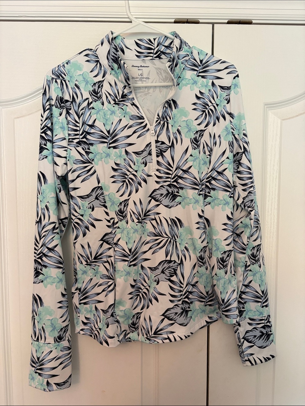 Tommy Bahama Mint and Navy Tropical Quarter-Zip Long Sleeve Top